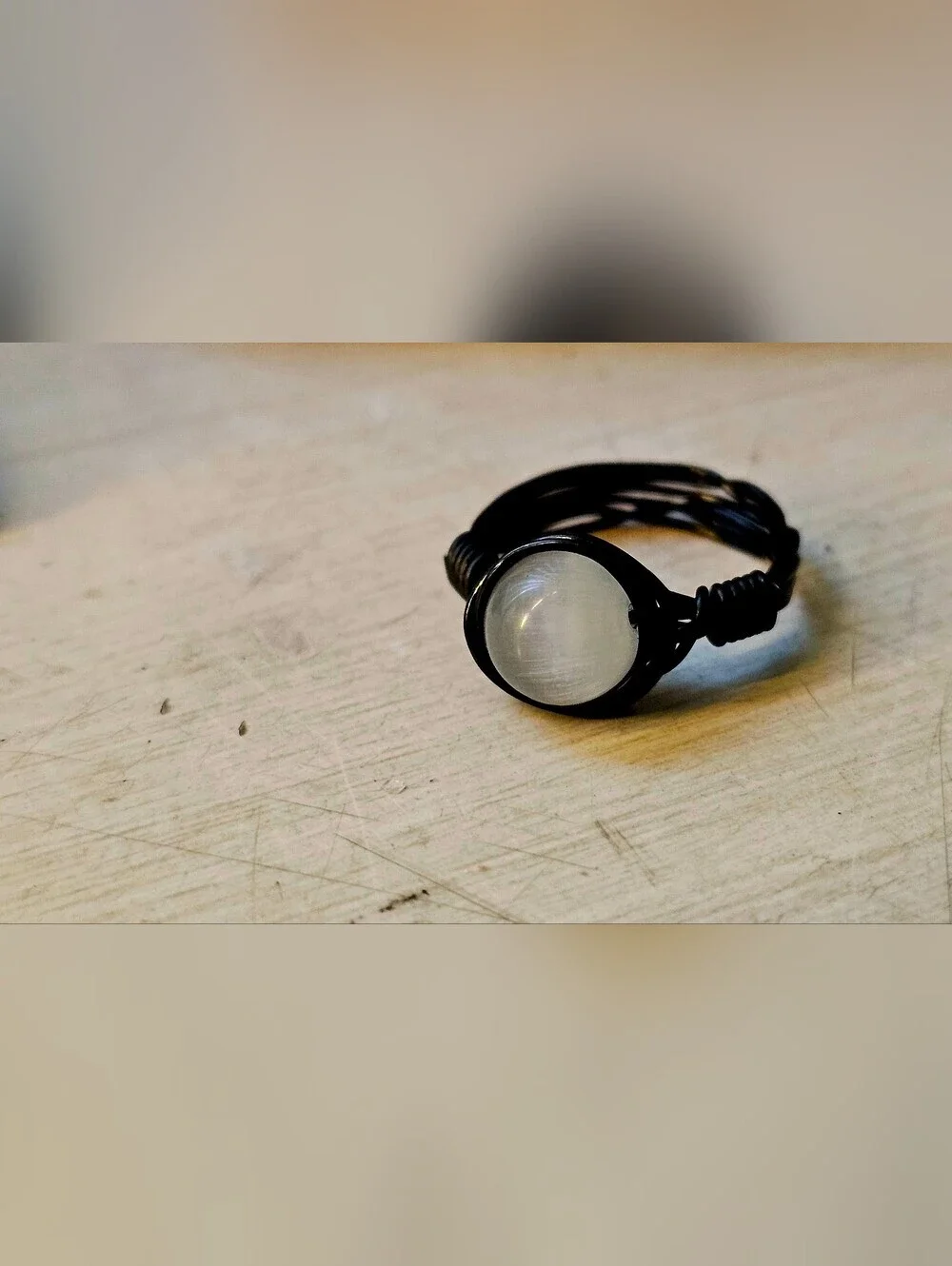 Black Aluminum Wire-Wrap Cat Eye Stone Ring